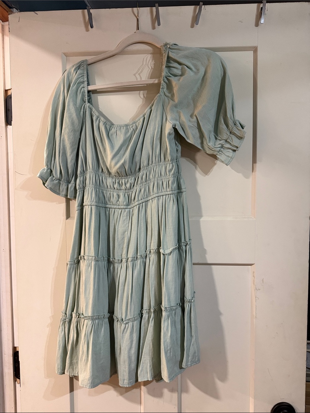 Trixxi Light Sage Puff-Sleeve Tiered Mini Dress